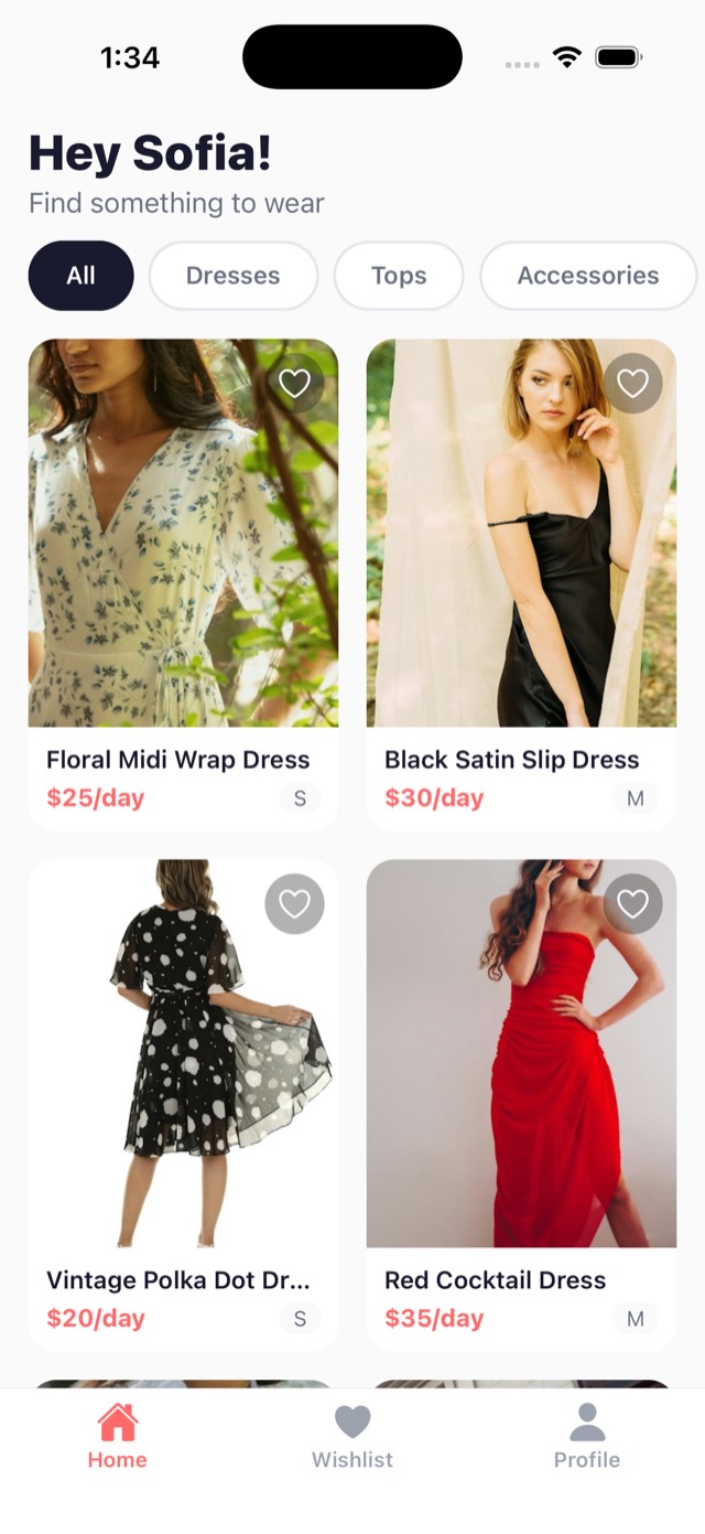 The Borrow Babe home screen: a grid of dresses listed by members, each with a price per day, a size and a heart to save it.