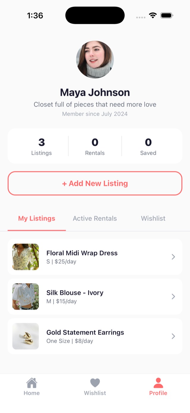 A member profile in Borrow Babe showing three listings with their sizes and prices per day, and an Add New Listing button.